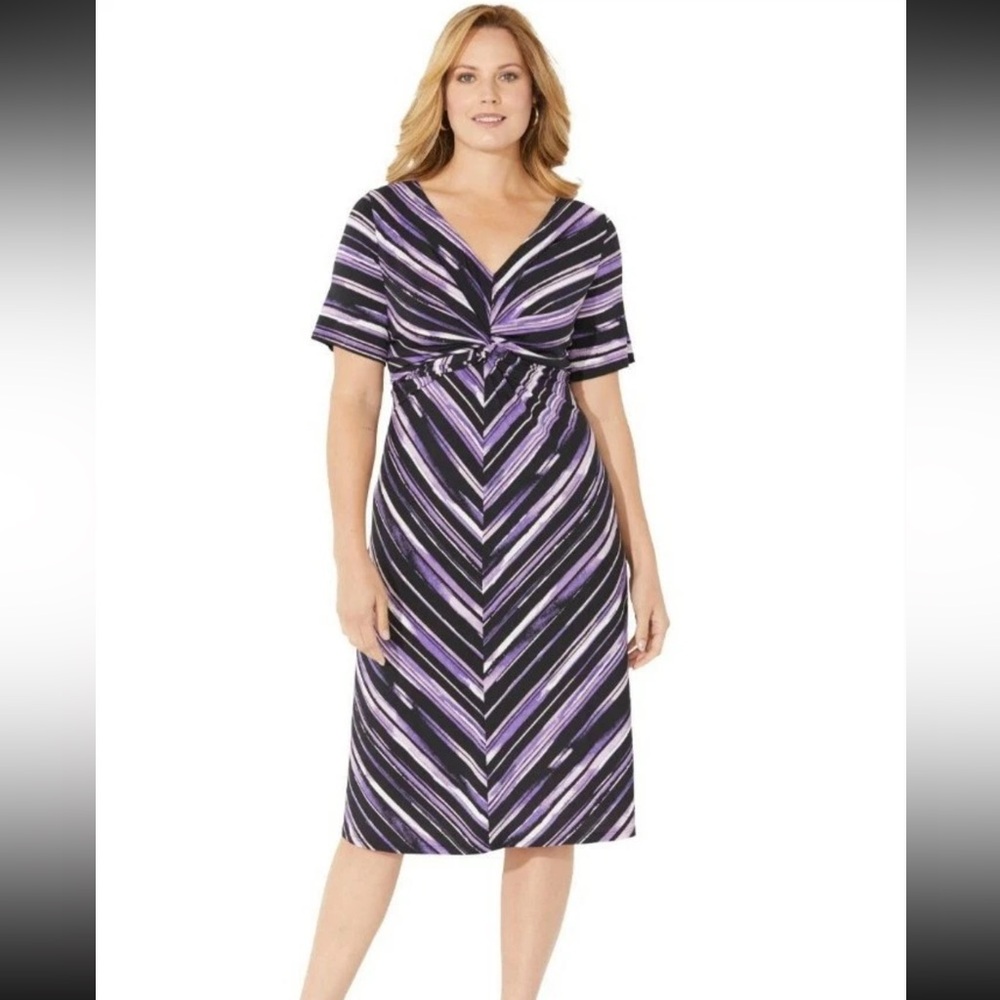 Catherines Dress Women's Size 22/24W Purple Black Striped Twist Knot Midi Dolman